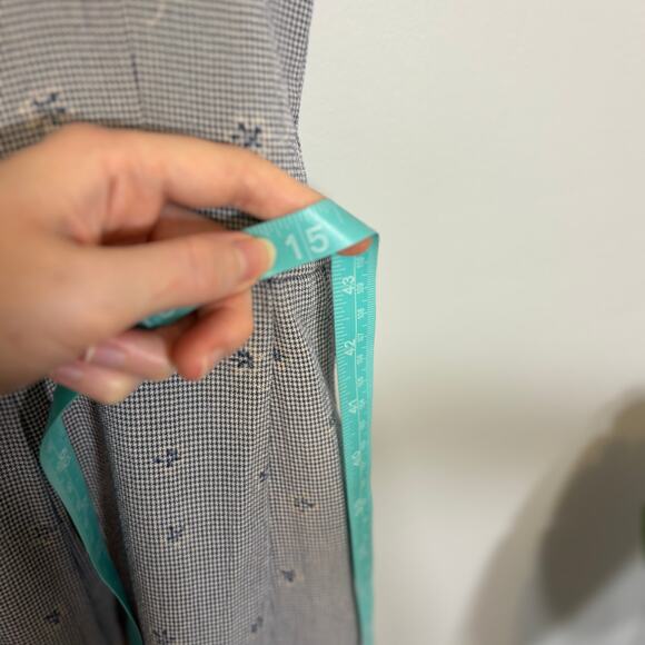 Vtg 90s Gray Blue Pleated Maxi Dress Micro Check Floral Embroidery Sleeveless - Picture 11 of 13